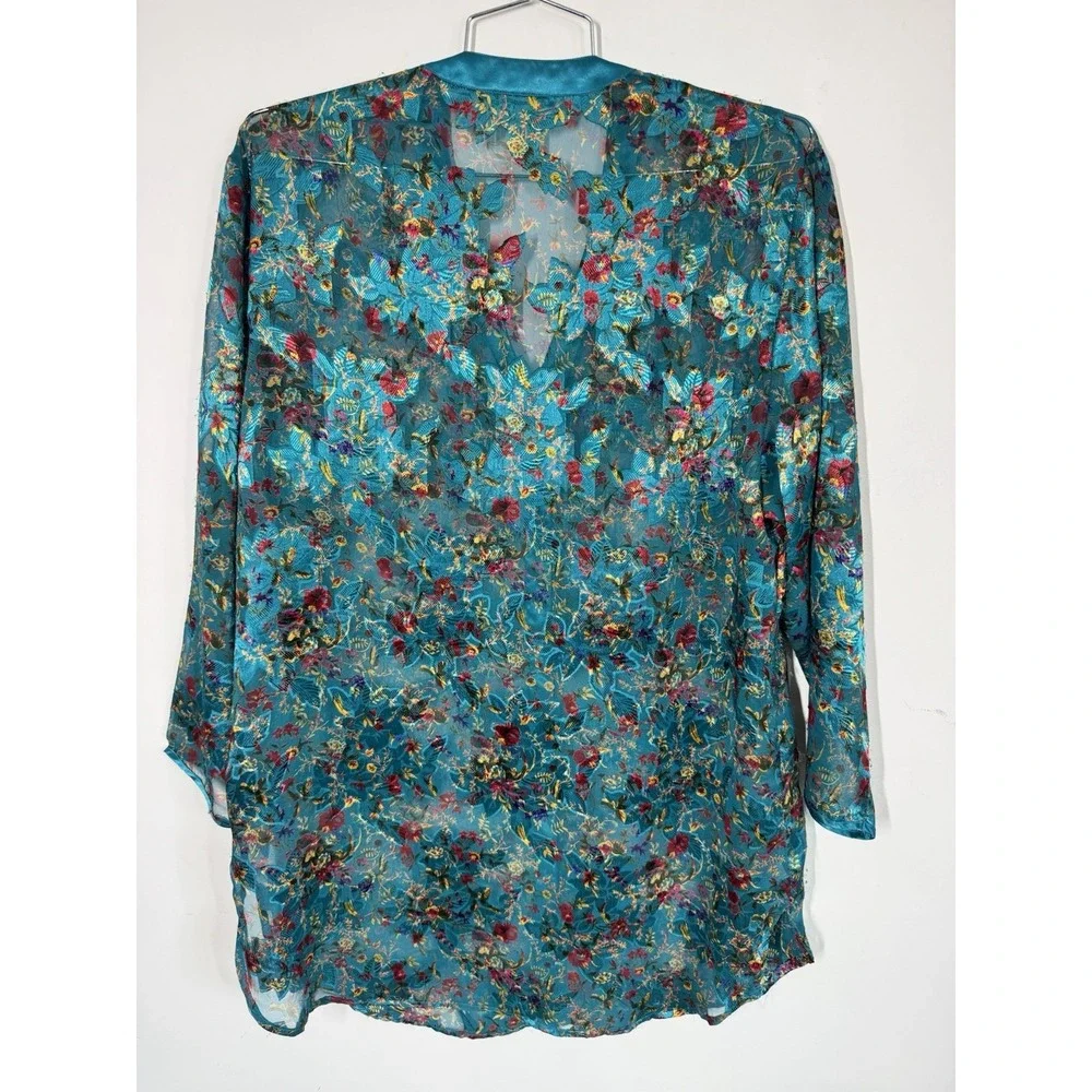 VTG Victoria's Secret Sexy Sheer Turquoise Floral Satin Button Up Nightgown M/L - Picture 3 of 8